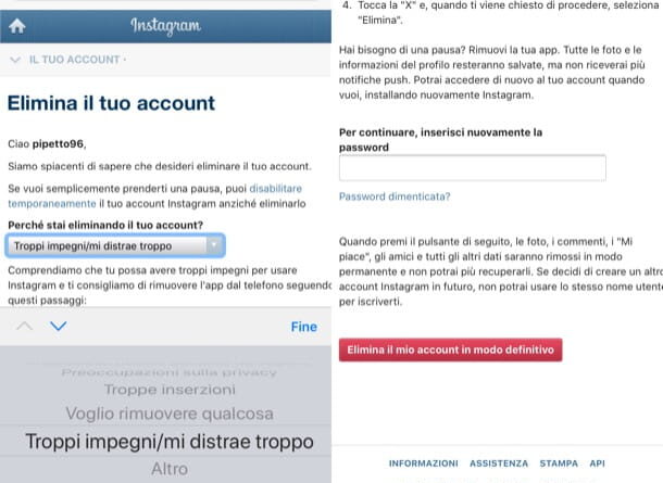 come eliminare account instagram da app